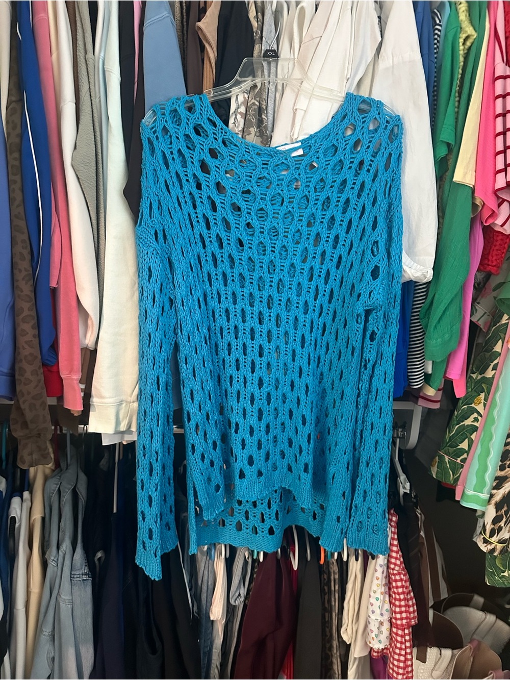 Pink Lily Teal Open-Knit Off-the-Shoulder Sweater